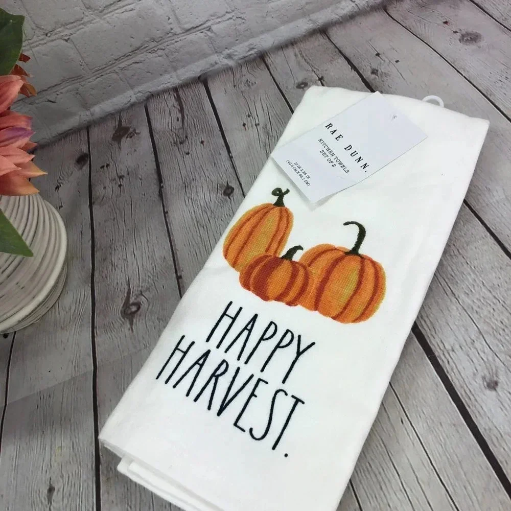 Rae Dunn happy harvest kitchen towels with pumpkins